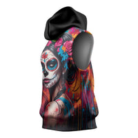 Mexico Day Of The Dead Sleeveless Hoodie Rose Catrina Goddess Sugar Skull - Wonder Print Shop