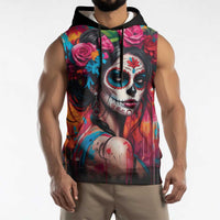 Mexico Day Of The Dead Sleeveless Hoodie Rose Catrina Goddess Sugar Skull - Wonder Print Shop