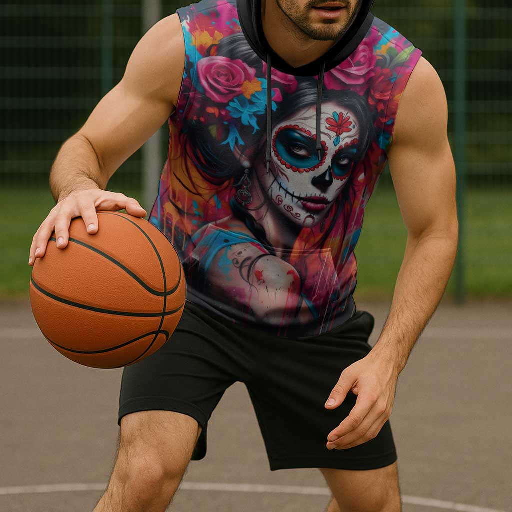 Mexico Day Of The Dead Sleeveless Hoodie Rose Catrina Goddess Sugar Skull - Wonder Print Shop