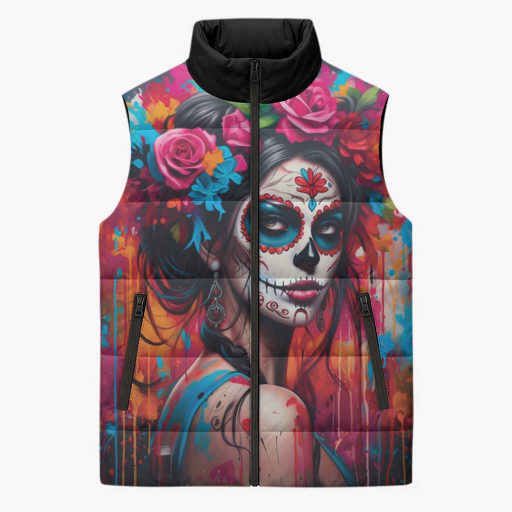 Mexico Day Of The Dead Sleeveless Puffer Jacket Rose Catrina Goddess Sugar Skull - Wonder Print Shop