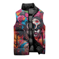 Mexico Day Of The Dead Sleeveless Puffer Jacket Rose Catrina Goddess Sugar Skull - Wonder Print Shop