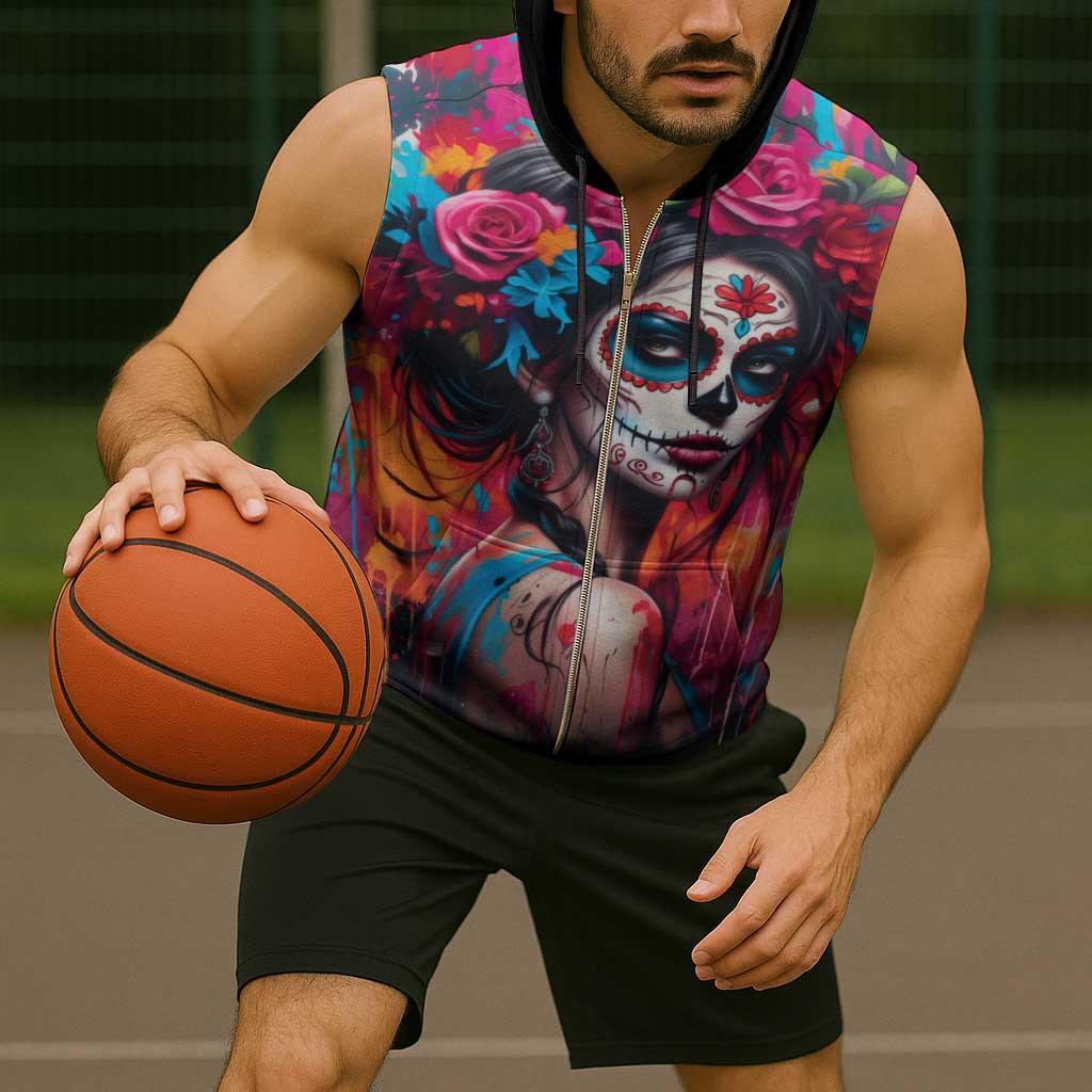 Mexico Day Of The Dead Sleeveless Zip Hoodie Rose Catrina Goddess Sugar Skull - Wonder Print Shop