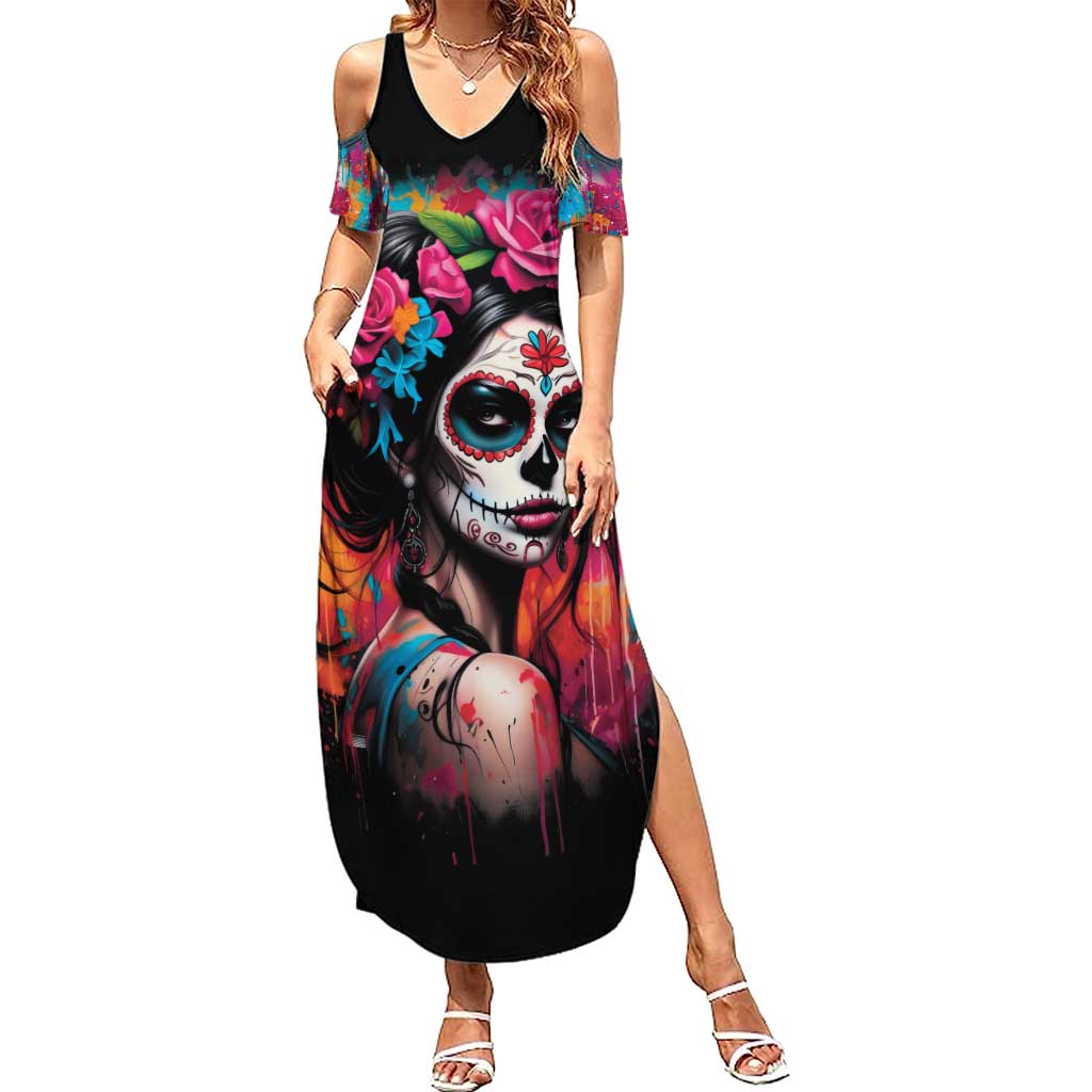 Mexico Day Of The Dead Summer Maxi Dress Rose Catrina Goddess Sugar Skull - Wonder Print Shop