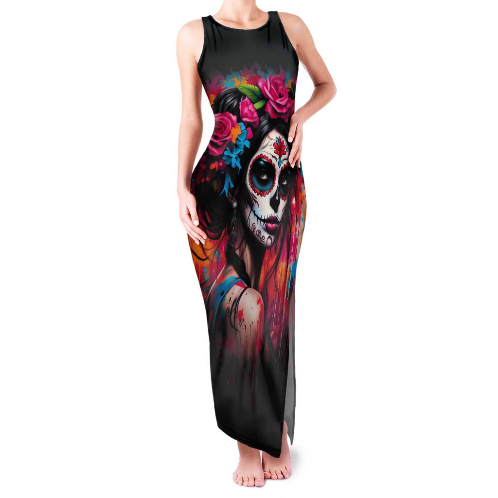 Mexico Day Of The Dead Tank Maxi Dress Rose Catrina Goddess Sugar Skull - Wonder Print Shop