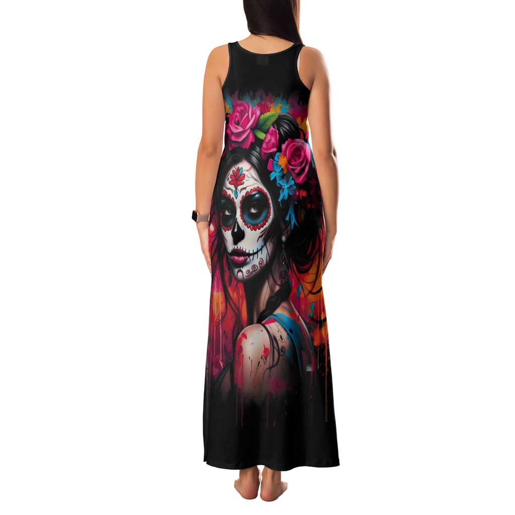Mexico Day Of The Dead Tank Maxi Dress Rose Catrina Goddess Sugar Skull - Wonder Print Shop