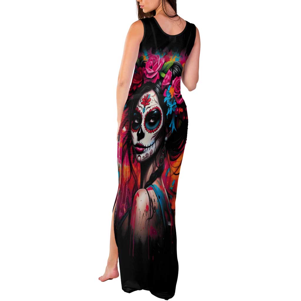 Mexico Day Of The Dead Tank Maxi Dress Rose Catrina Goddess Sugar Skull - Wonder Print Shop
