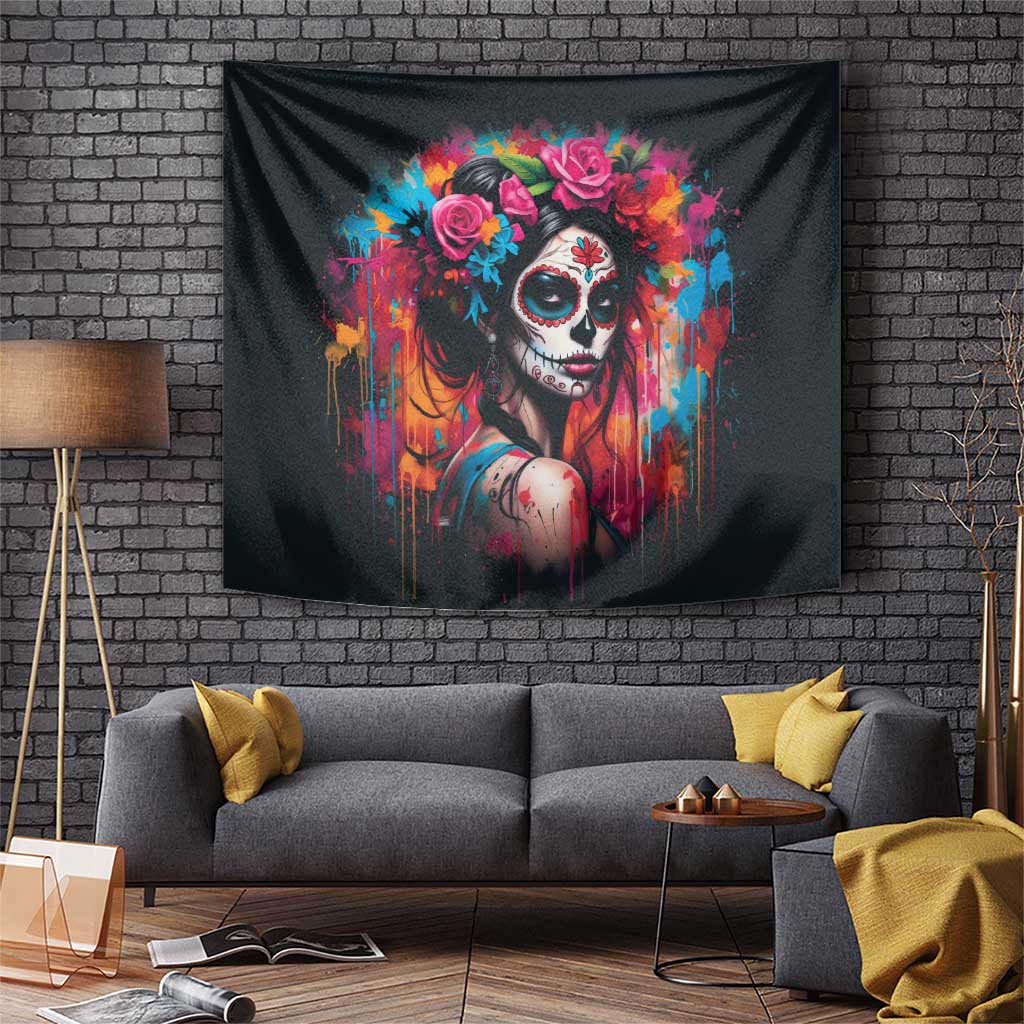 Mexico Day Of The Dead Tapestry Rose Catrina Goddess Sugar Skull - Wonder Print Shop