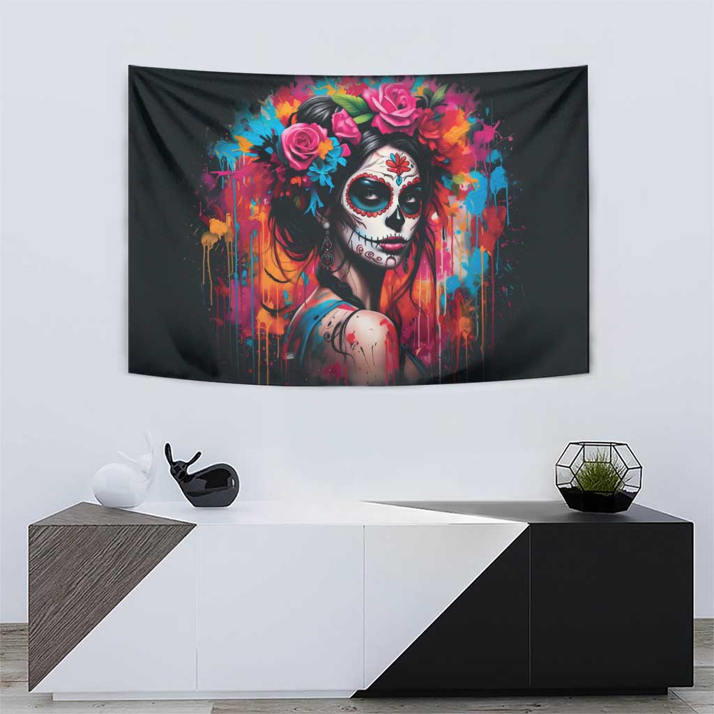 Mexico Day Of The Dead Tapestry Rose Catrina Goddess Sugar Skull - Wonder Print Shop