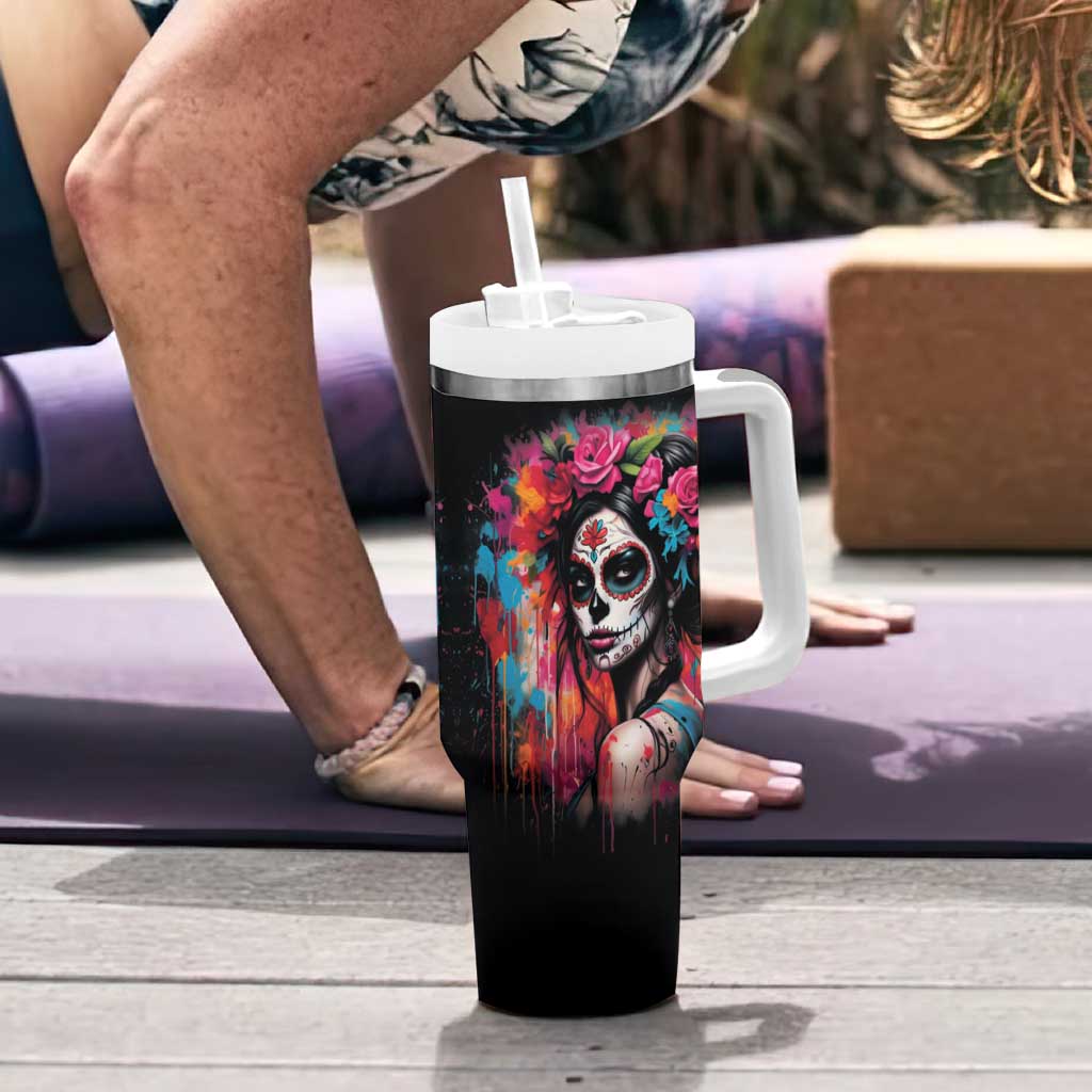Mexico Day Of The Dead Tumbler With Handle Rose Catrina Goddess Sugar Skull - Wonder Print Shop