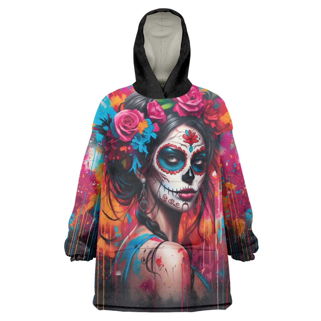 Mexico Day Of The Dead Wearable Blanket Hoodie Rose Catrina Goddess Sugar Skull - Wonder Print Shop