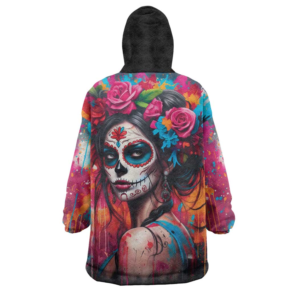 Mexico Day Of The Dead Wearable Blanket Hoodie Rose Catrina Goddess Sugar Skull - Wonder Print Shop