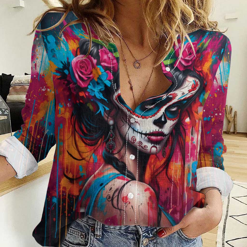 Mexico Day Of The Dead Women Casual Shirt Rose Catrina Goddess Sugar Skull - Wonder Print Shop