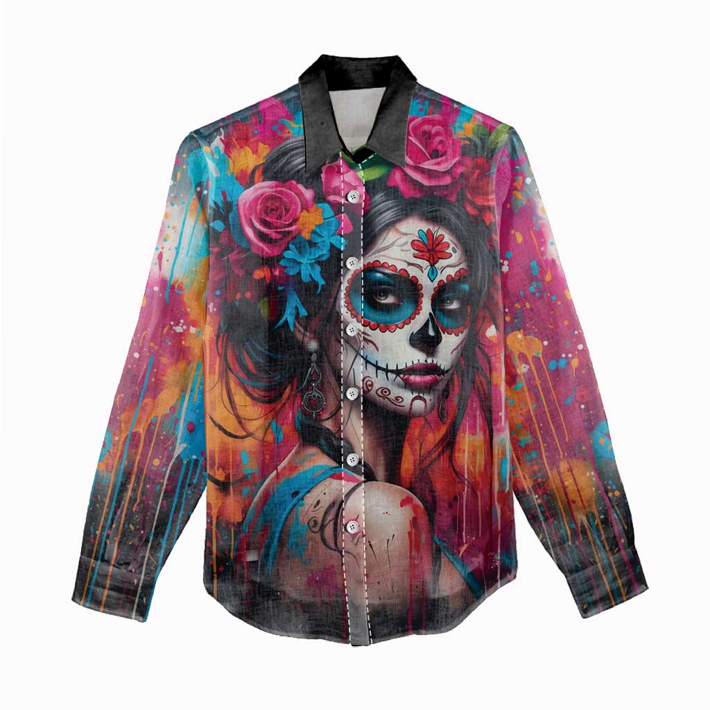 Mexico Day Of The Dead Women Casual Shirt Rose Catrina Goddess Sugar Skull - Wonder Print Shop
