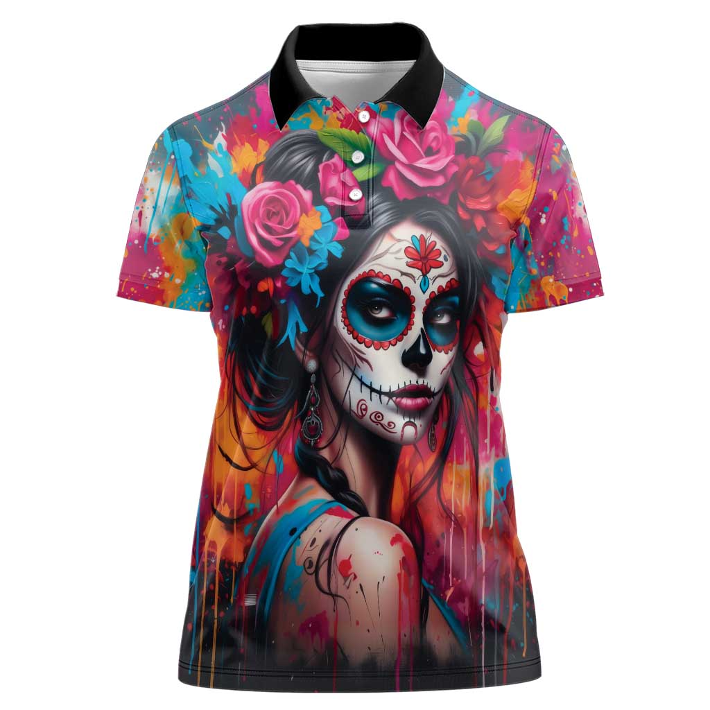 Mexico Day Of The Dead Women Polo Shirt Rose Catrina Goddess Sugar Skull - Wonder Print Shop