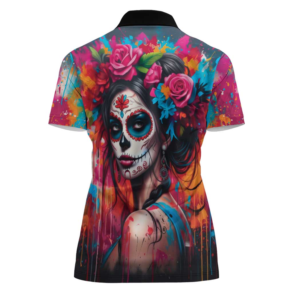 Mexico Day Of The Dead Women Polo Shirt Rose Catrina Goddess Sugar Skull - Wonder Print Shop