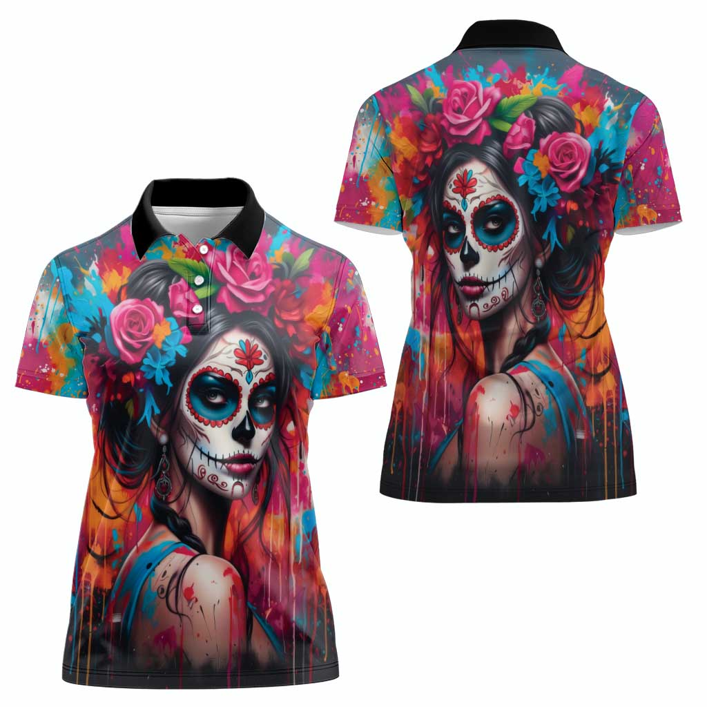 Mexico Day Of The Dead Women Polo Shirt Rose Catrina Goddess Sugar Skull - Wonder Print Shop