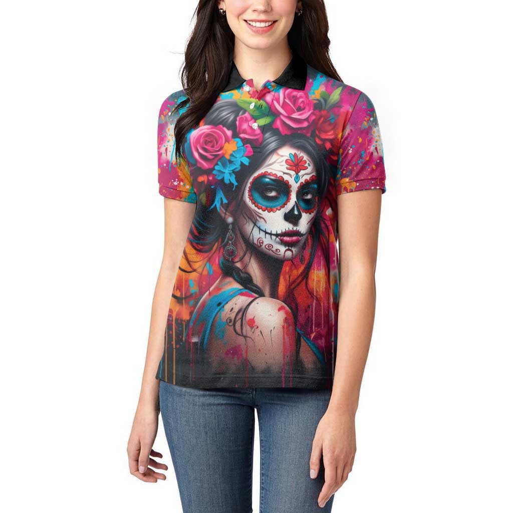 Mexico Day Of The Dead Women Polo Shirt Rose Catrina Goddess Sugar Skull - Wonder Print Shop