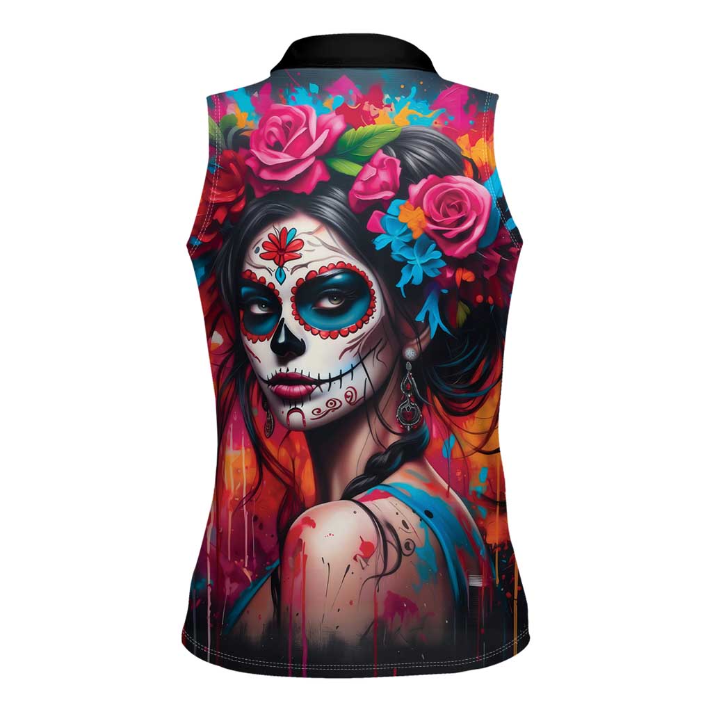 Mexico Day Of The Dead Women Sleeveless Polo Shirt Rose Catrina Goddess Sugar Skull - Wonder Print Shop