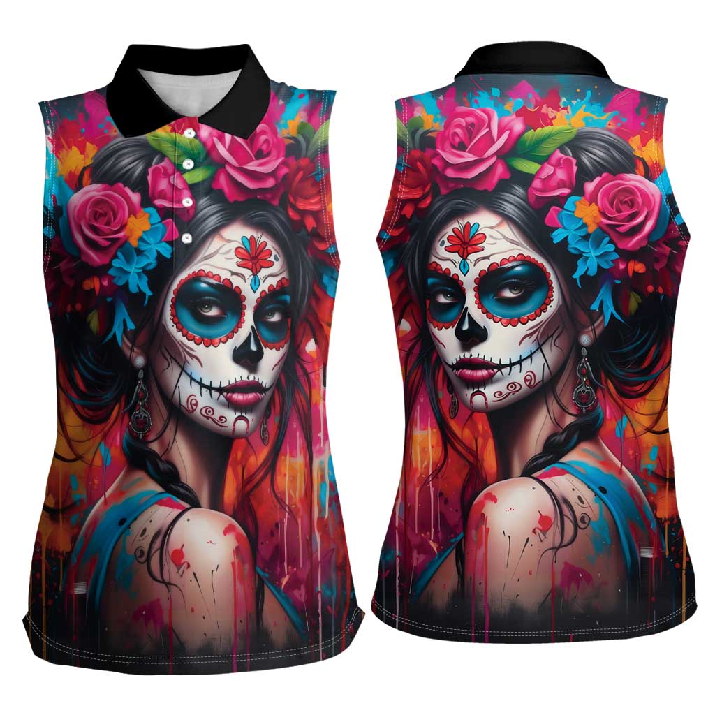 Mexico Day Of The Dead Women Sleeveless Polo Shirt Rose Catrina Goddess Sugar Skull - Wonder Print Shop