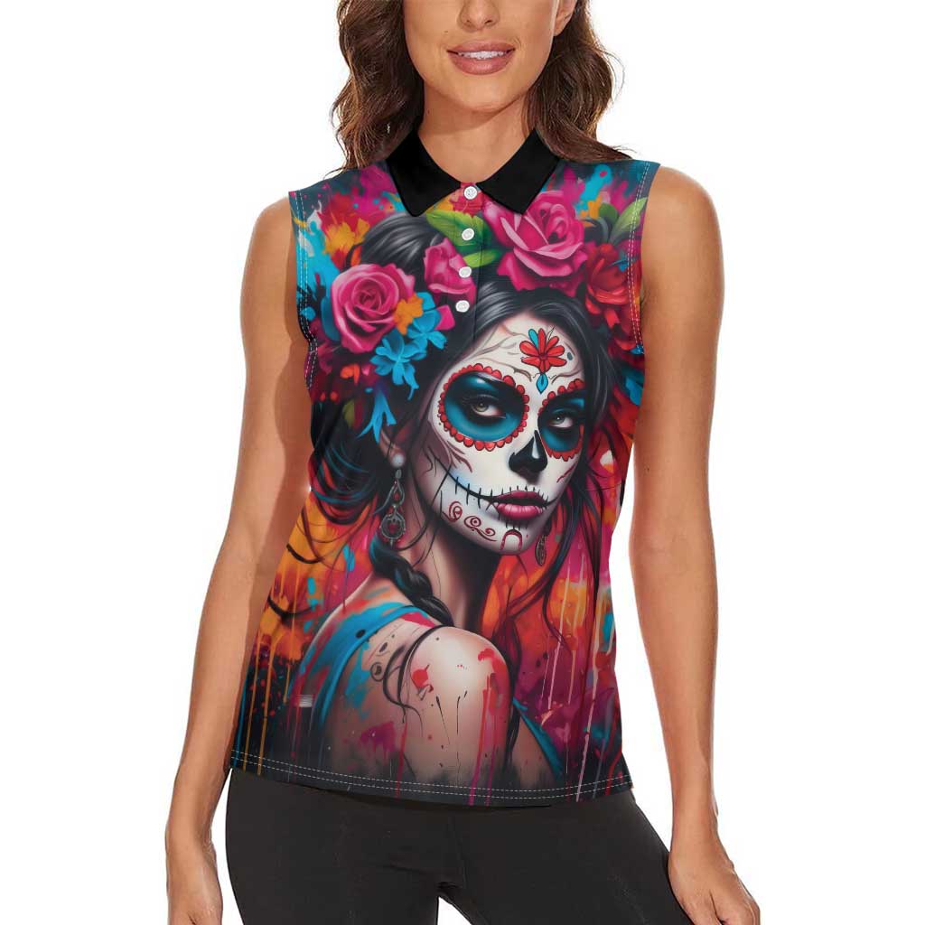 Mexico Day Of The Dead Women Sleeveless Polo Shirt Rose Catrina Goddess Sugar Skull - Wonder Print Shop