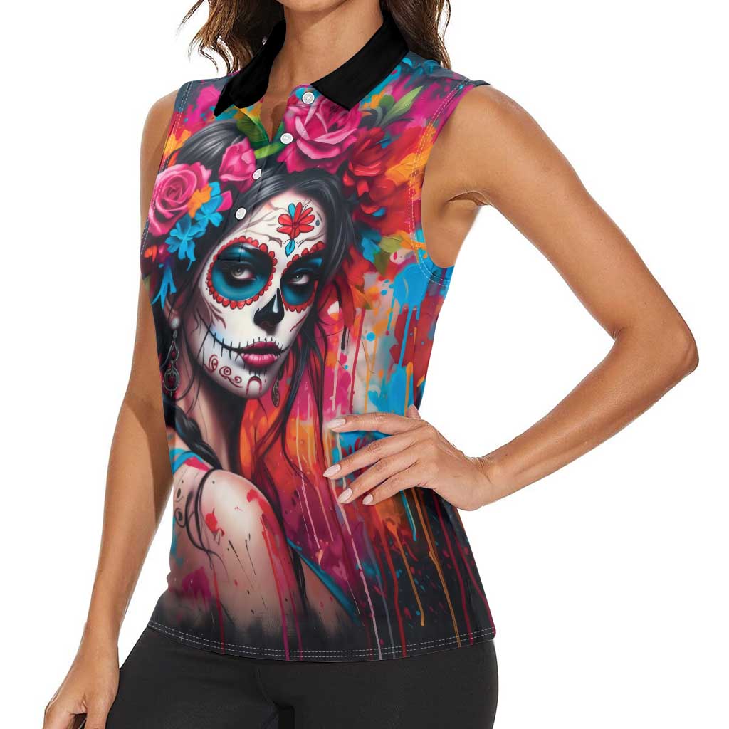 Mexico Day Of The Dead Women Sleeveless Polo Shirt Rose Catrina Goddess Sugar Skull - Wonder Print Shop