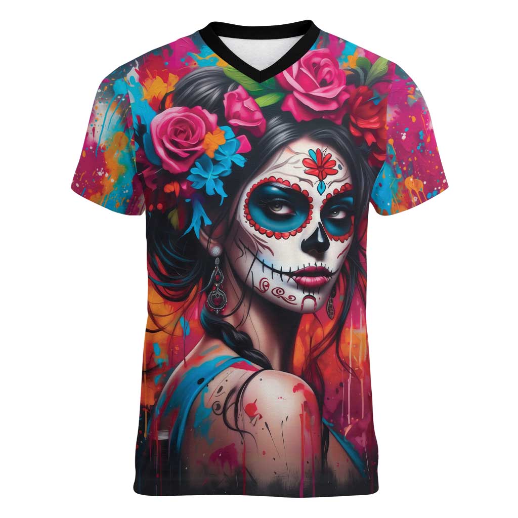 Mexico Day Of The Dead Women V-Neck T-Shirt Rose Catrina Goddess Sugar Skull - Wonder Print Shop