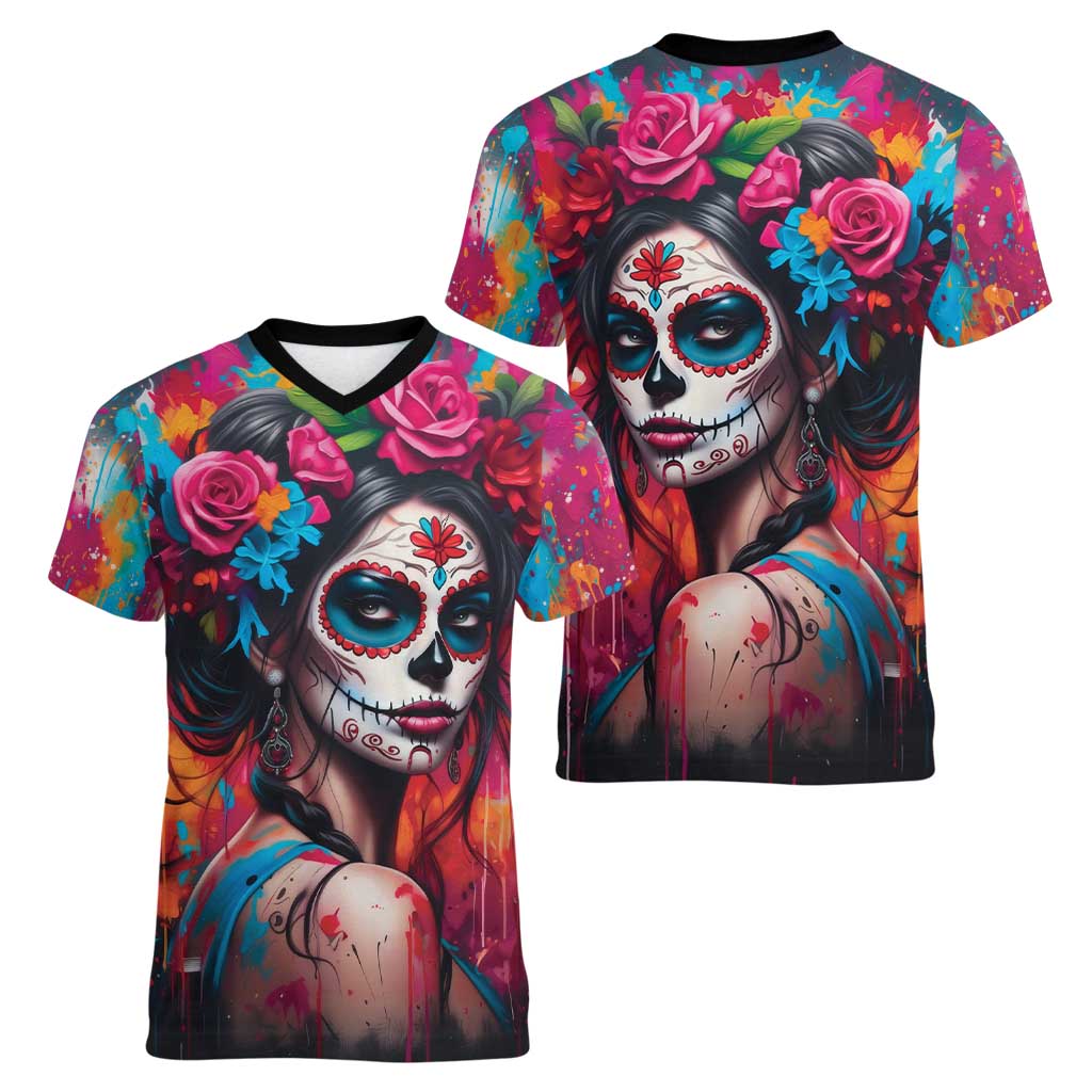 Mexico Day Of The Dead Women V-Neck T-Shirt Rose Catrina Goddess Sugar Skull - Wonder Print Shop