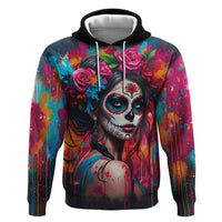 Mexico Day Of The Dead Zip Hoodie Rose Catrina Goddess Sugar Skull - Wonder Print Shop