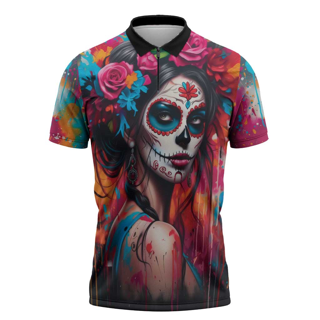 Mexico Day Of The Dead Zipper Polo Shirt Rose Catrina Goddess Sugar Skull - Wonder Print Shop