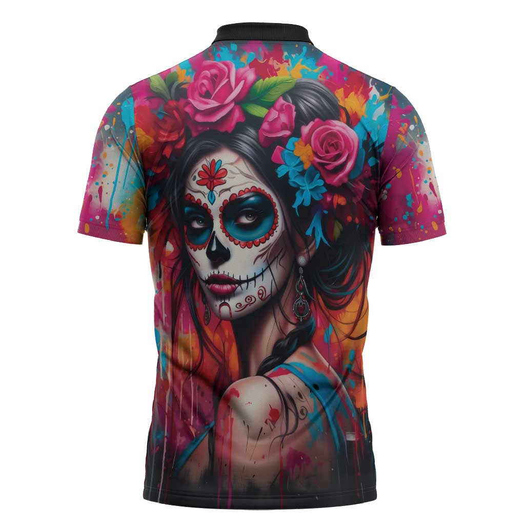 Mexico Day Of The Dead Zipper Polo Shirt Rose Catrina Goddess Sugar Skull - Wonder Print Shop