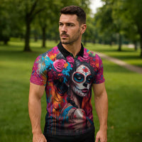 Mexico Day Of The Dead Zipper Polo Shirt Rose Catrina Goddess Sugar Skull - Wonder Print Shop