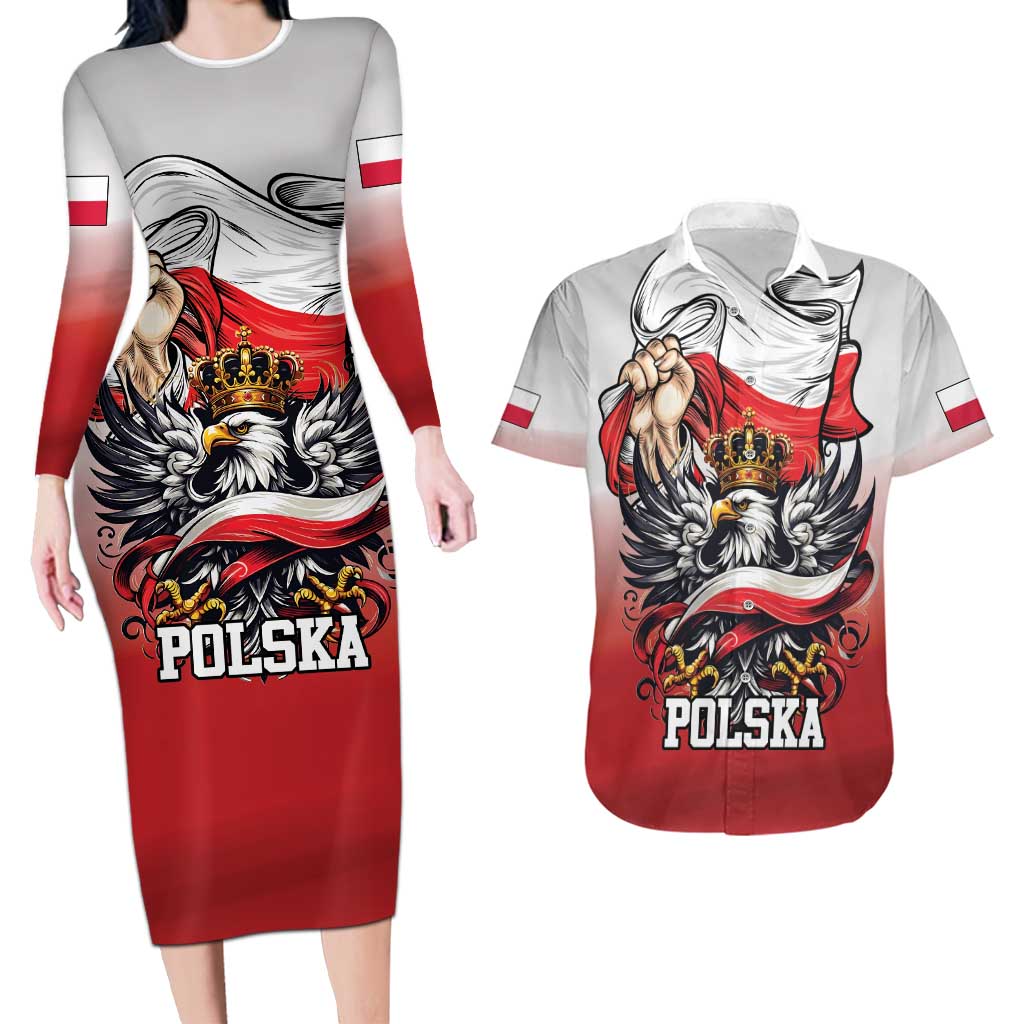 Poland Independence Day Couples Matching Long Sleeve Bodycon Dress and Hawaiian Shirt Polska White Eagle and Flag Style - Wonder Print Shop