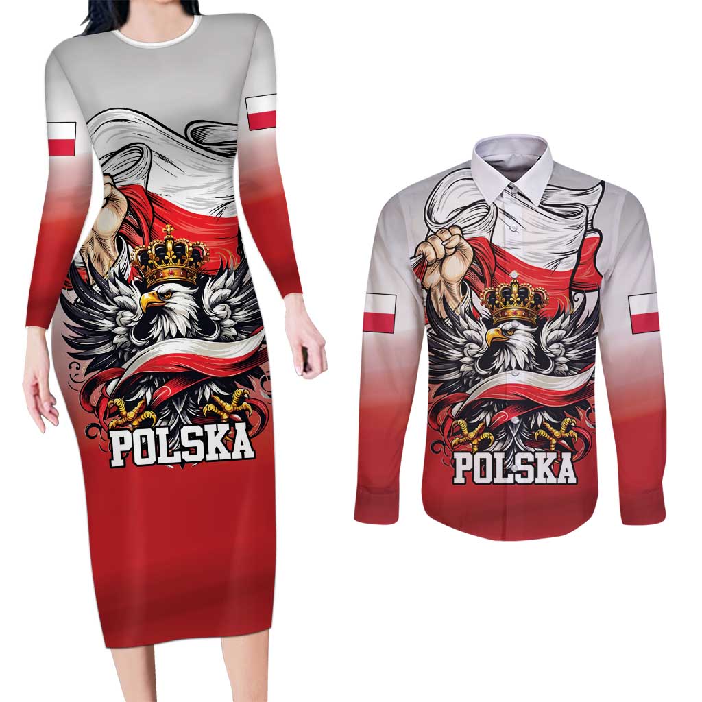 Poland Independence Day Couples Matching Long Sleeve Bodycon Dress and Long Sleeve Button Shirt Polska White Eagle and Flag Style - Wonder Print Shop