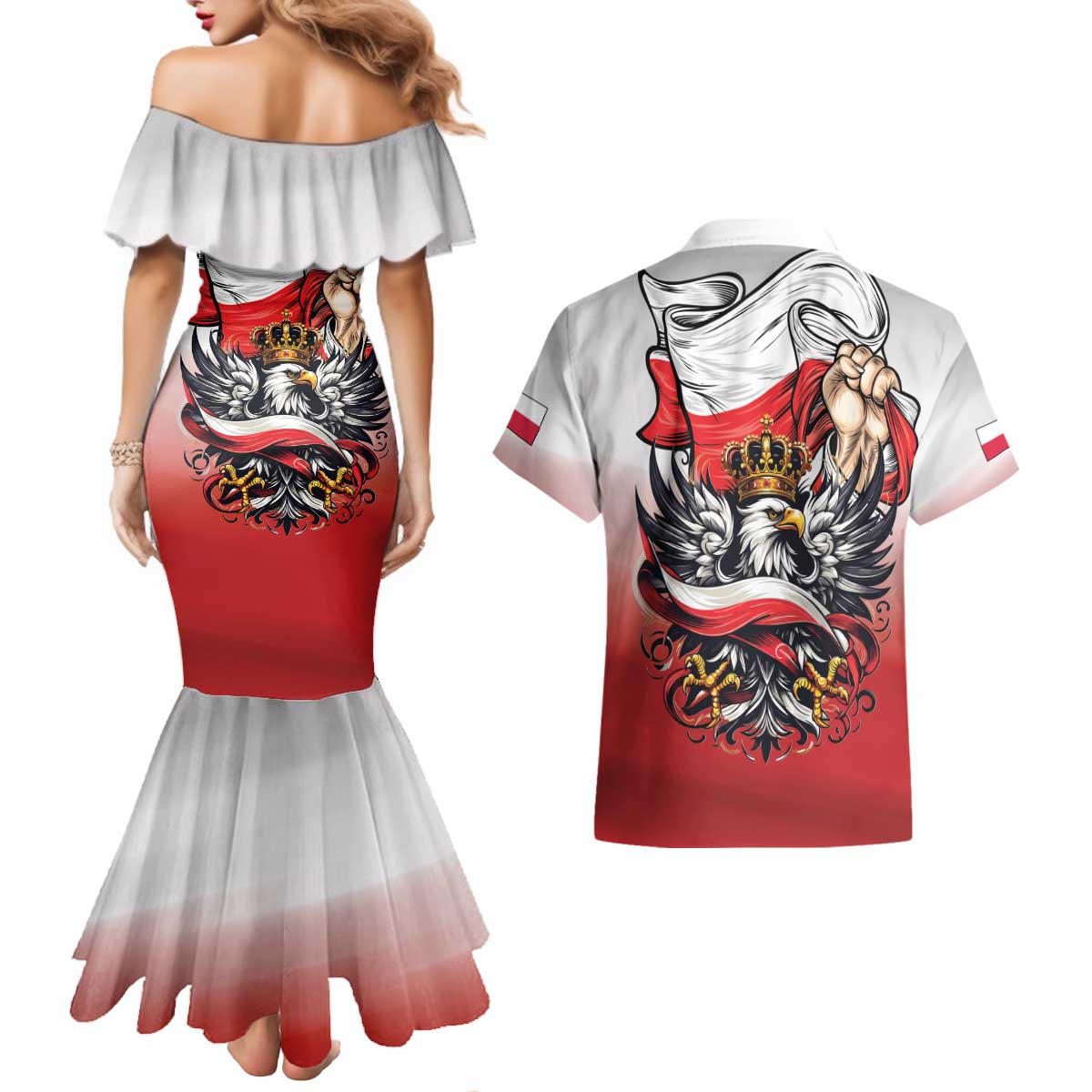 Poland Independence Day Couples Matching Mermaid Dress and Hawaiian Shirt Polska White Eagle and Flag Style - Wonder Print Shop