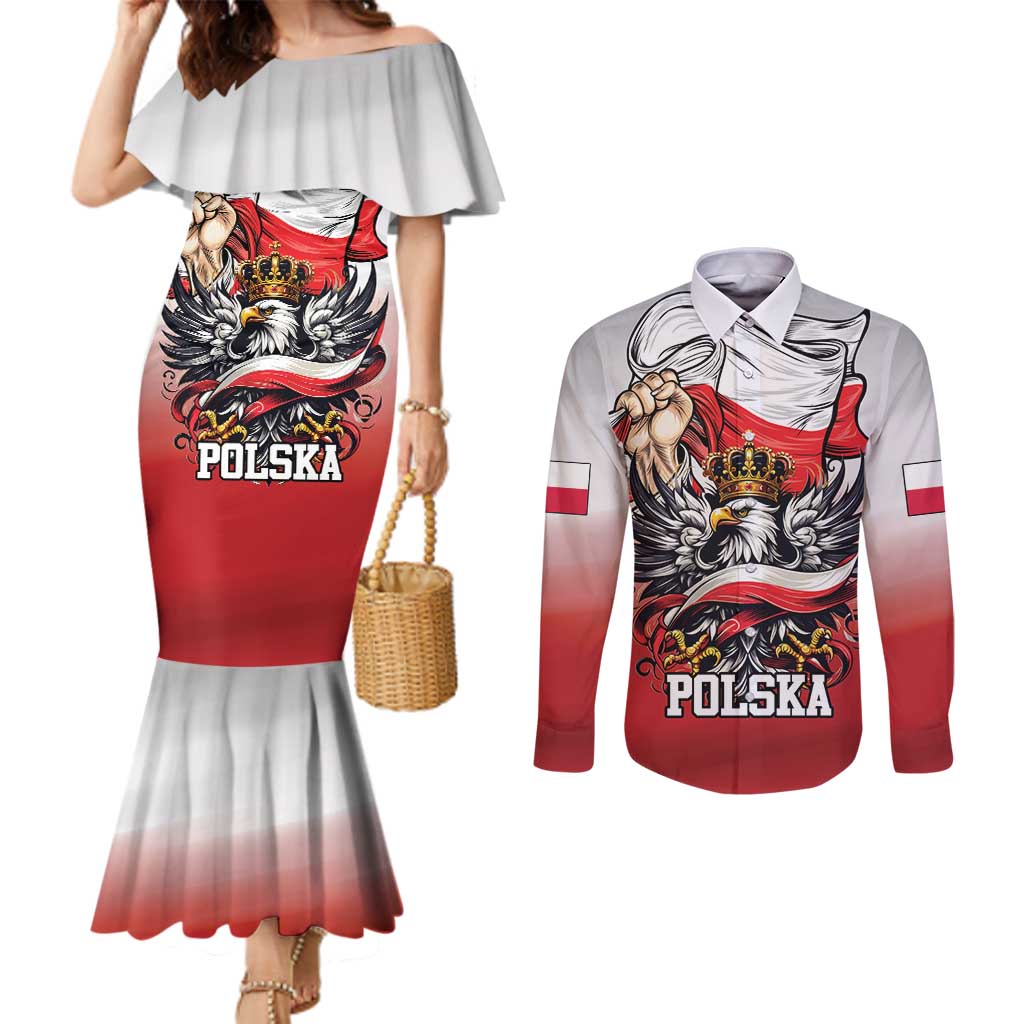Poland Independence Day Couples Matching Mermaid Dress and Long Sleeve Button Shirt Polska White Eagle and Flag Style - Wonder Print Shop