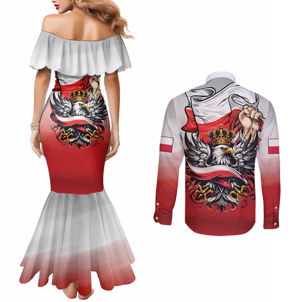 Poland Independence Day Couples Matching Mermaid Dress and Long Sleeve Button Shirt Polska White Eagle and Flag Style - Wonder Print Shop