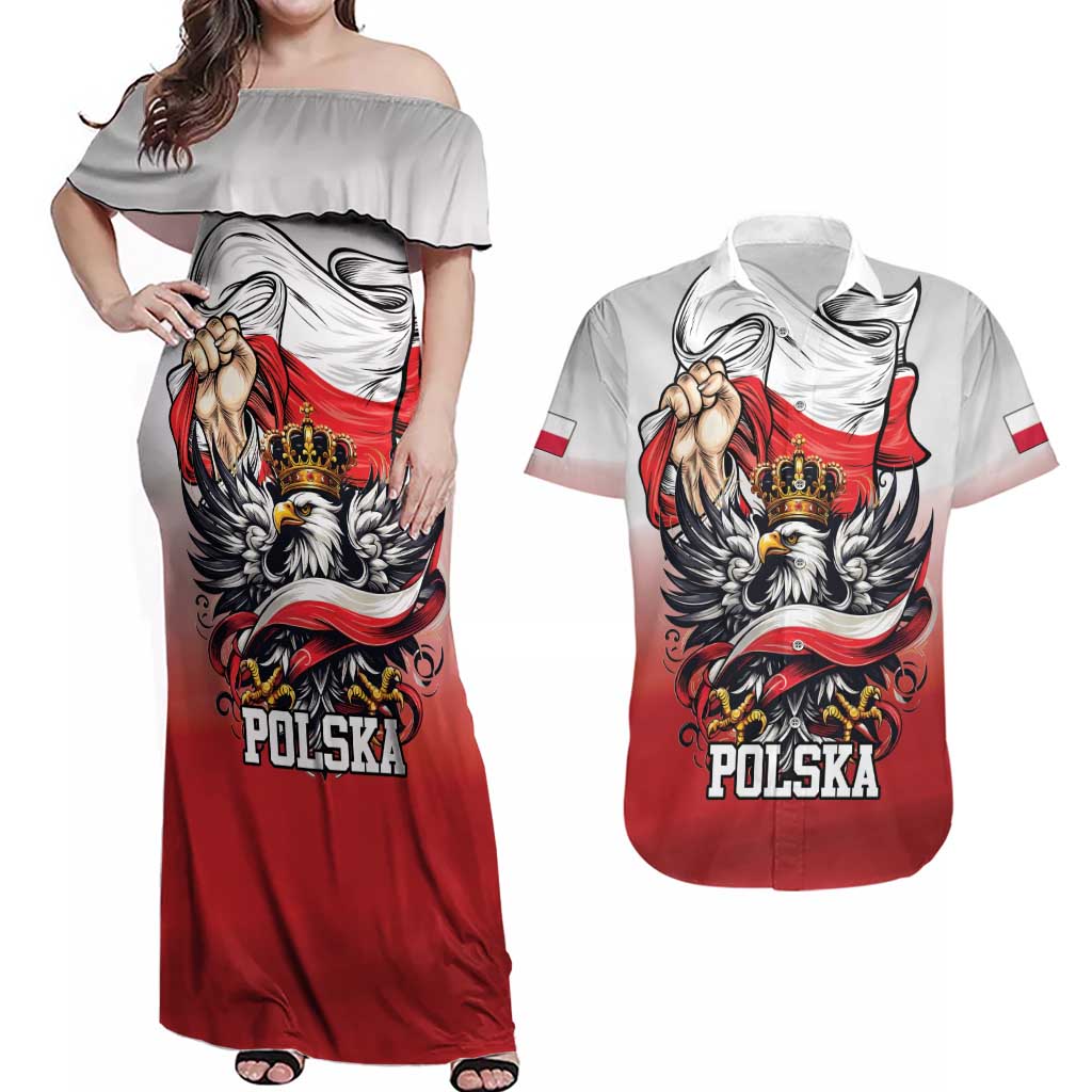 Poland Independence Day Couples Matching Off Shoulder Maxi Dress and Hawaiian Shirt Polska White Eagle and Flag Style - Wonder Print Shop