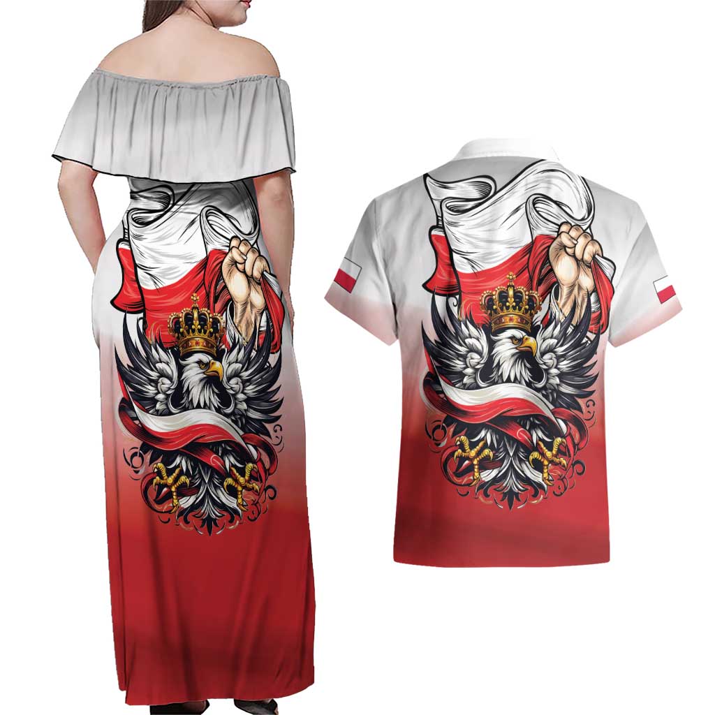 Poland Independence Day Couples Matching Off Shoulder Maxi Dress and Hawaiian Shirt Polska White Eagle and Flag Style - Wonder Print Shop