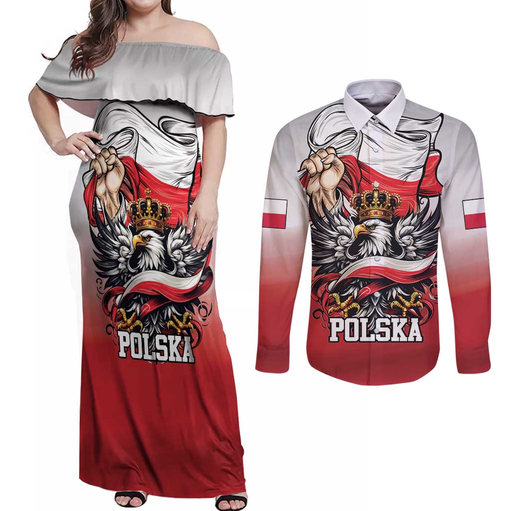 Poland Independence Day Couples Matching Off Shoulder Maxi Dress and Long Sleeve Button Shirt Polska White Eagle and Flag Style - Wonder Print Shop
