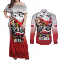 Poland Independence Day Couples Matching Off Shoulder Maxi Dress and Long Sleeve Button Shirt Polska White Eagle and Flag Style - Wonder Print Shop