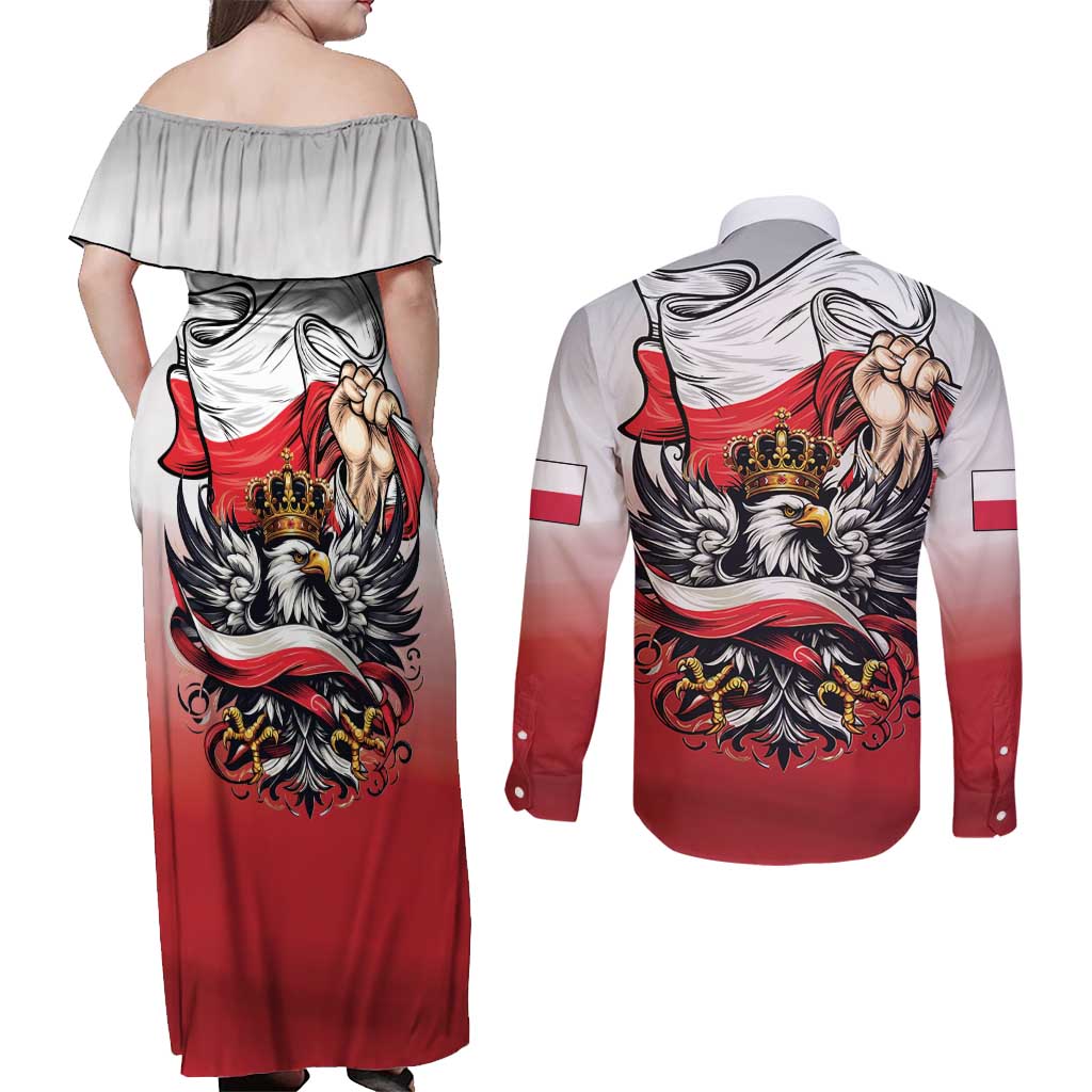 Poland Independence Day Couples Matching Off Shoulder Maxi Dress and Long Sleeve Button Shirt Polska White Eagle and Flag Style - Wonder Print Shop