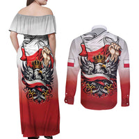 Poland Independence Day Couples Matching Off Shoulder Maxi Dress and Long Sleeve Button Shirt Polska White Eagle and Flag Style - Wonder Print Shop