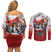 Poland Independence Day Couples Matching Off Shoulder Short Dress and Long Sleeve Button Shirt Polska White Eagle and Flag Style - Wonder Print Shop