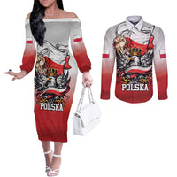 Poland Independence Day Couples Matching Off The Shoulder Long Sleeve Dress and Long Sleeve Button Shirt Polska White Eagle and Flag Style - Wonder Print Shop