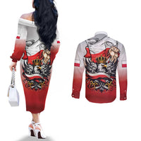 Poland Independence Day Couples Matching Off The Shoulder Long Sleeve Dress and Long Sleeve Button Shirt Polska White Eagle and Flag Style - Wonder Print Shop