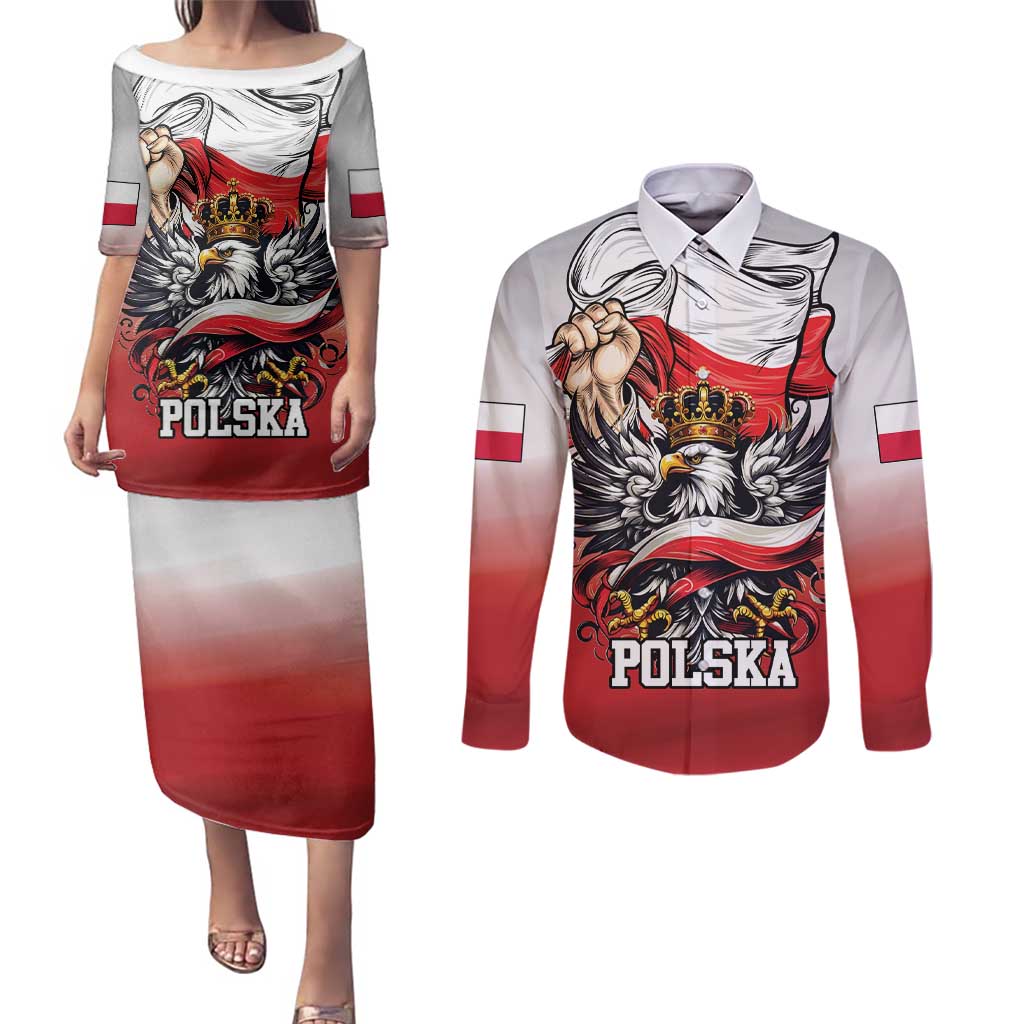 Poland Independence Day Couples Matching Puletasi and Long Sleeve Button Shirt Polska White Eagle and Flag Style - Wonder Print Shop