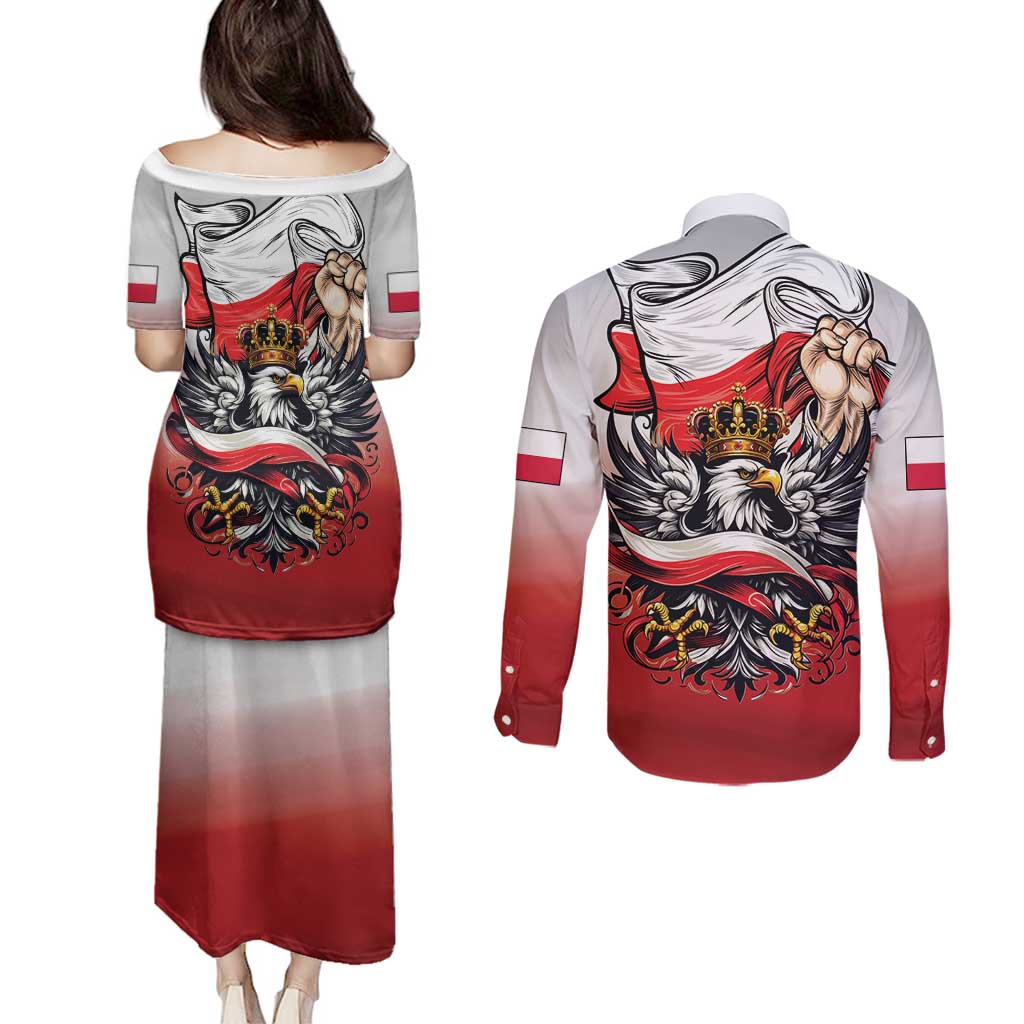 Poland Independence Day Couples Matching Puletasi and Long Sleeve Button Shirt Polska White Eagle and Flag Style - Wonder Print Shop
