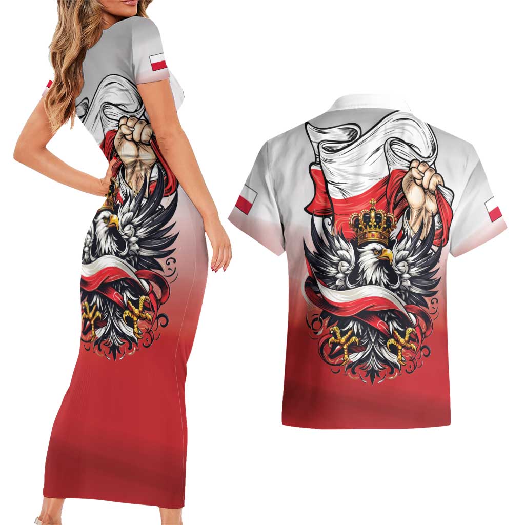Poland Independence Day Couples Matching Short Sleeve Bodycon Dress and Hawaiian Shirt Polska White Eagle and Flag Style - Wonder Print Shop