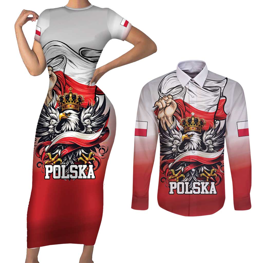 Poland Independence Day Couples Matching Short Sleeve Bodycon Dress and Long Sleeve Button Shirt Polska White Eagle and Flag Style - Wonder Print Shop