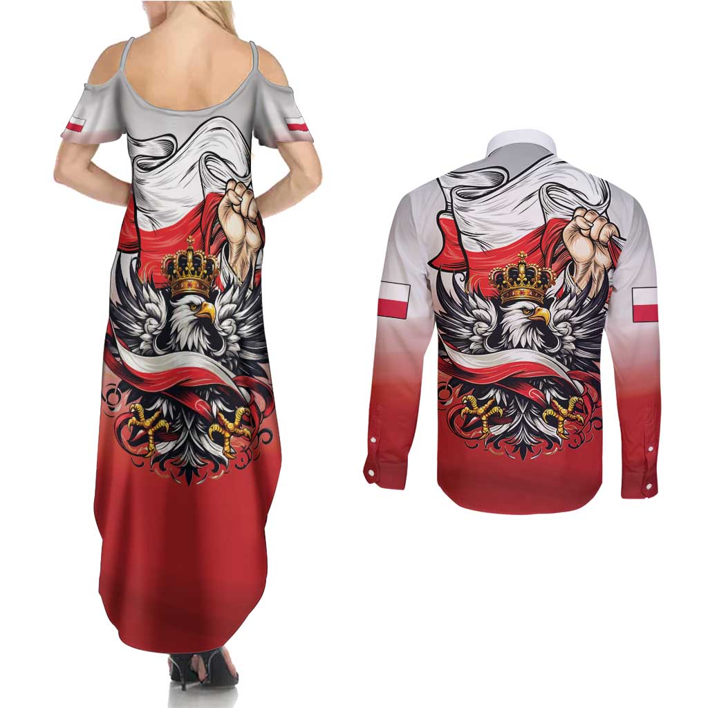 Poland Independence Day Couples Matching Summer Maxi Dress and Long Sleeve Button Shirt Polska White Eagle and Flag Style - Wonder Print Shop